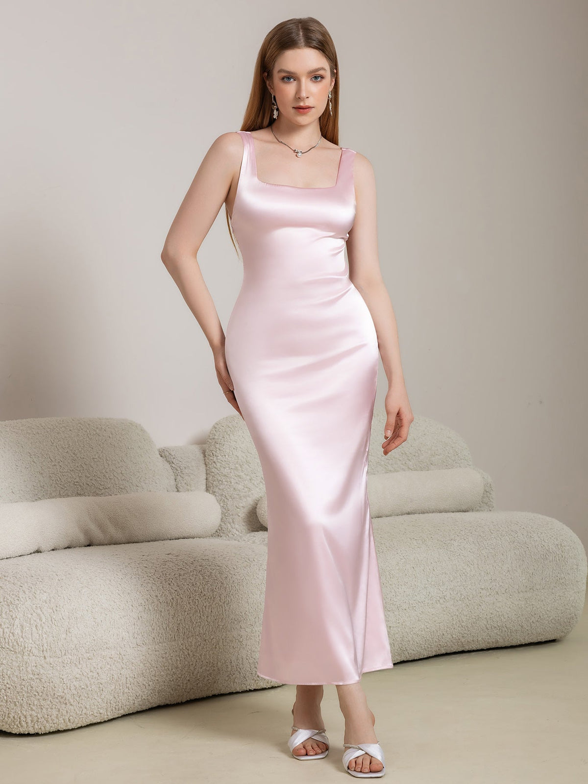 Satin Square Neck Sleeveless Bodycon Mermaid Maxi Dress
