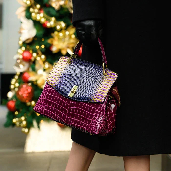 Snake Print Top Handle Structured Satchel Bag
