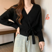 Tie-Up Waist Slimming Knit Cardigan Black / One Size