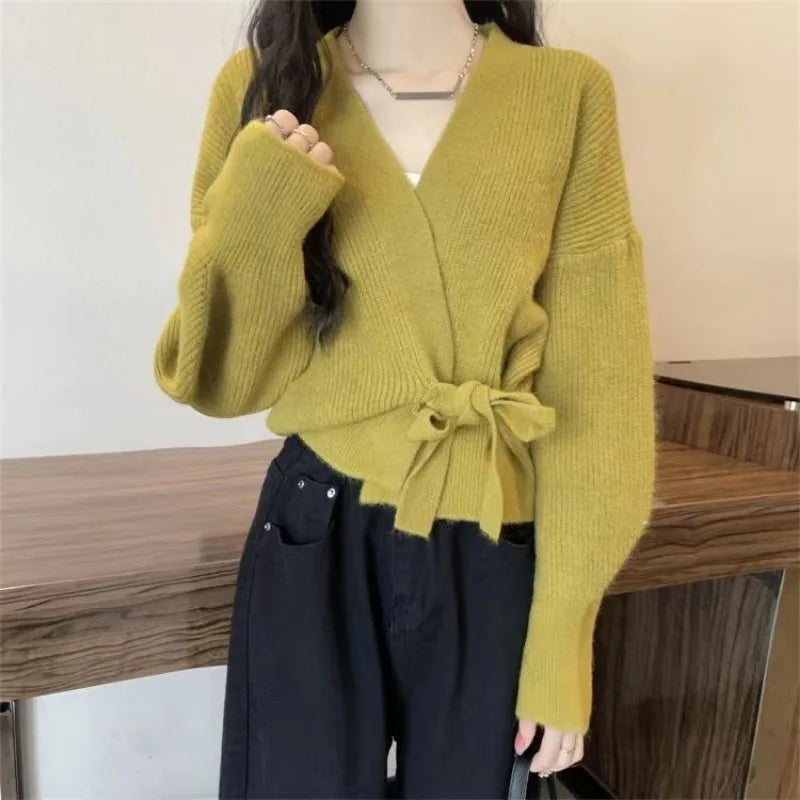 V-Neck Wrap Front Tie Waist Ribbed Knit Long Sleeve Cardigan 3