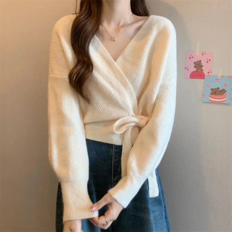 V-Neck Wrap Front Tie Waist Ribbed Knit Long Sleeve Cardigan 5