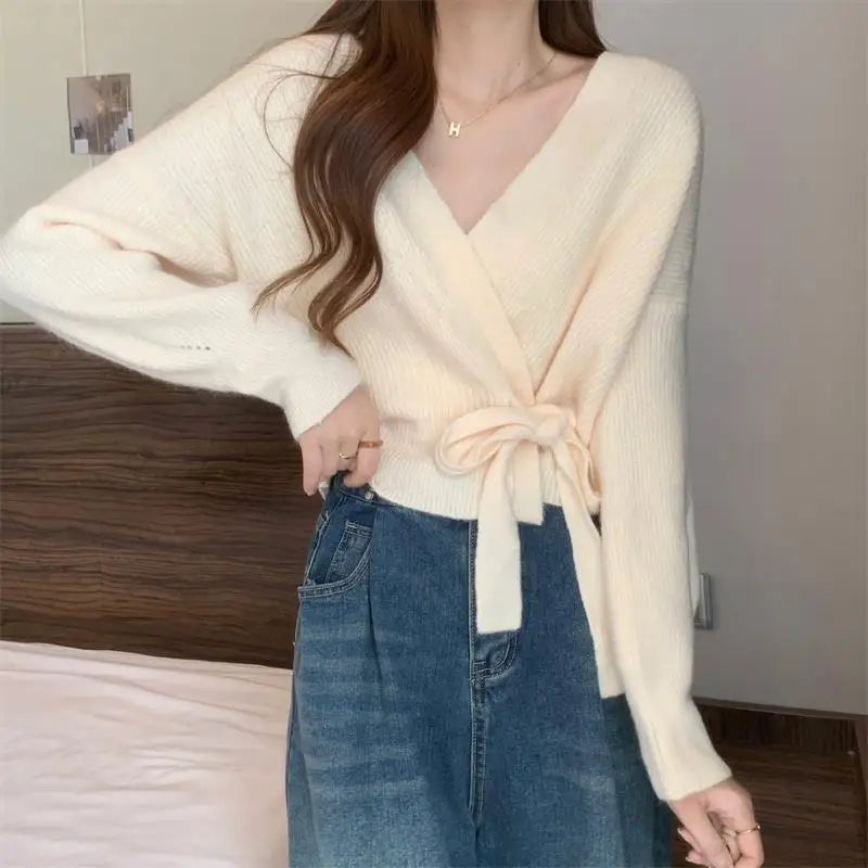 V-Neck Wrap Front Tie Waist Ribbed Knit Long Sleeve Cardigan 6