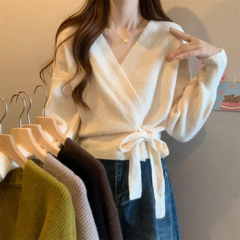 V-Neck Wrap Front Tie Waist Ribbed Knit Long Sleeve Cardigan