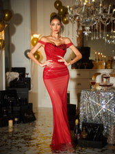 Off Shoulder Rhinestone Mesh Maxi Dress