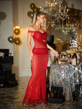 Off Shoulder Rhinestone Mesh Maxi Dress - View 3