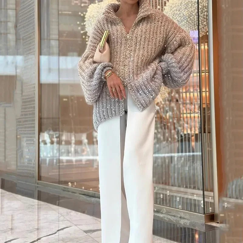 Sequin Chunky Knit High Neck Zip Front Balloon Sleeve Cardigan 3
