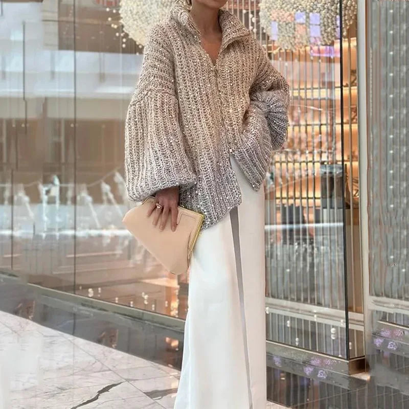 Sequin Chunky Knit High Neck Zip Front Balloon Sleeve Cardigan 2
