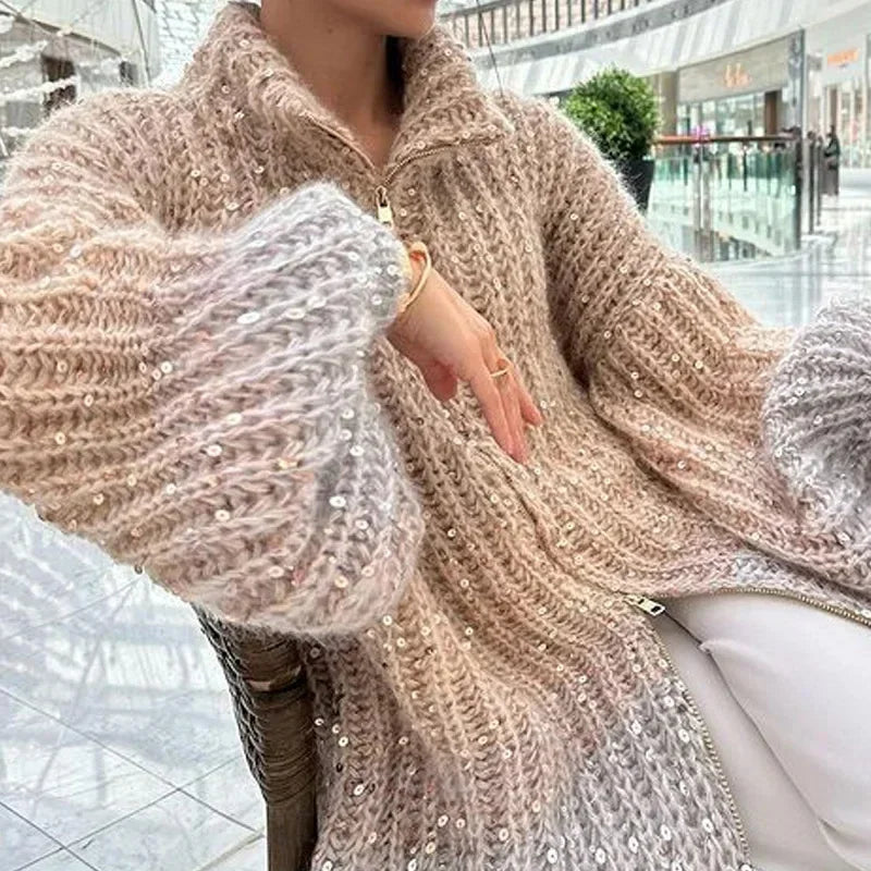Sequin Chunky Knit High Neck Zip Front Balloon Sleeve Cardigan