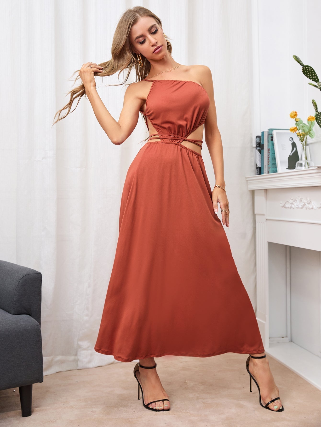 Cut Out Backless Lace Up Dress