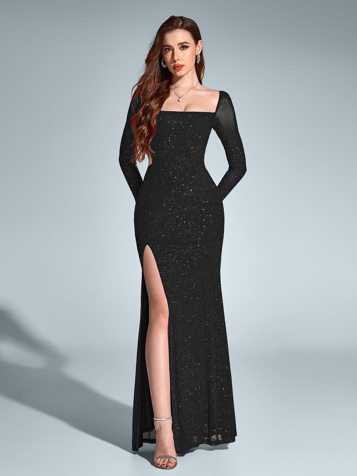 Glitter Square Neck Long Sleeve Side Cut Out High Split Maxi Dress 3