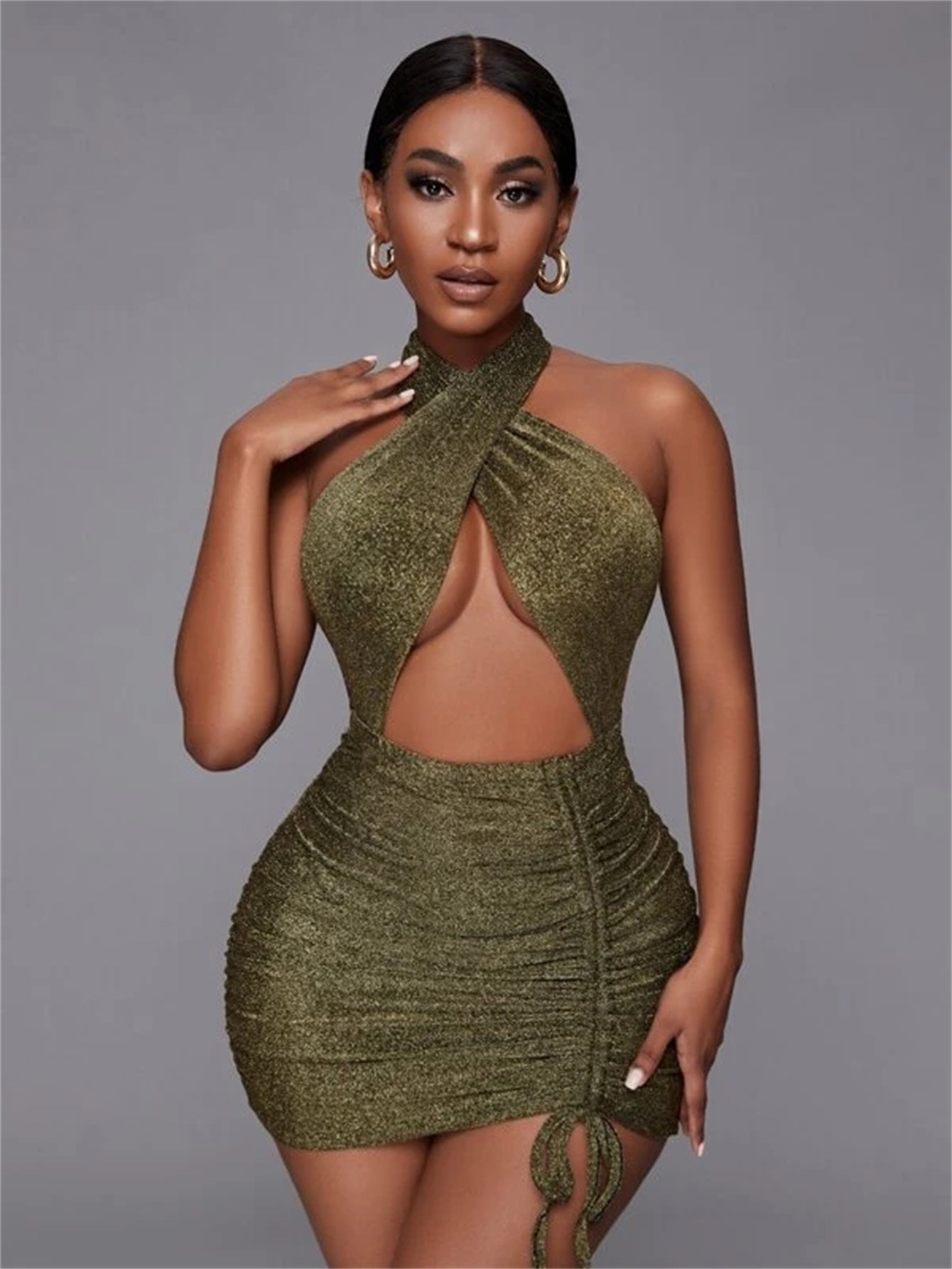 Cut Out Drawstring Side Backless Knot Glitter Bodycon Dress