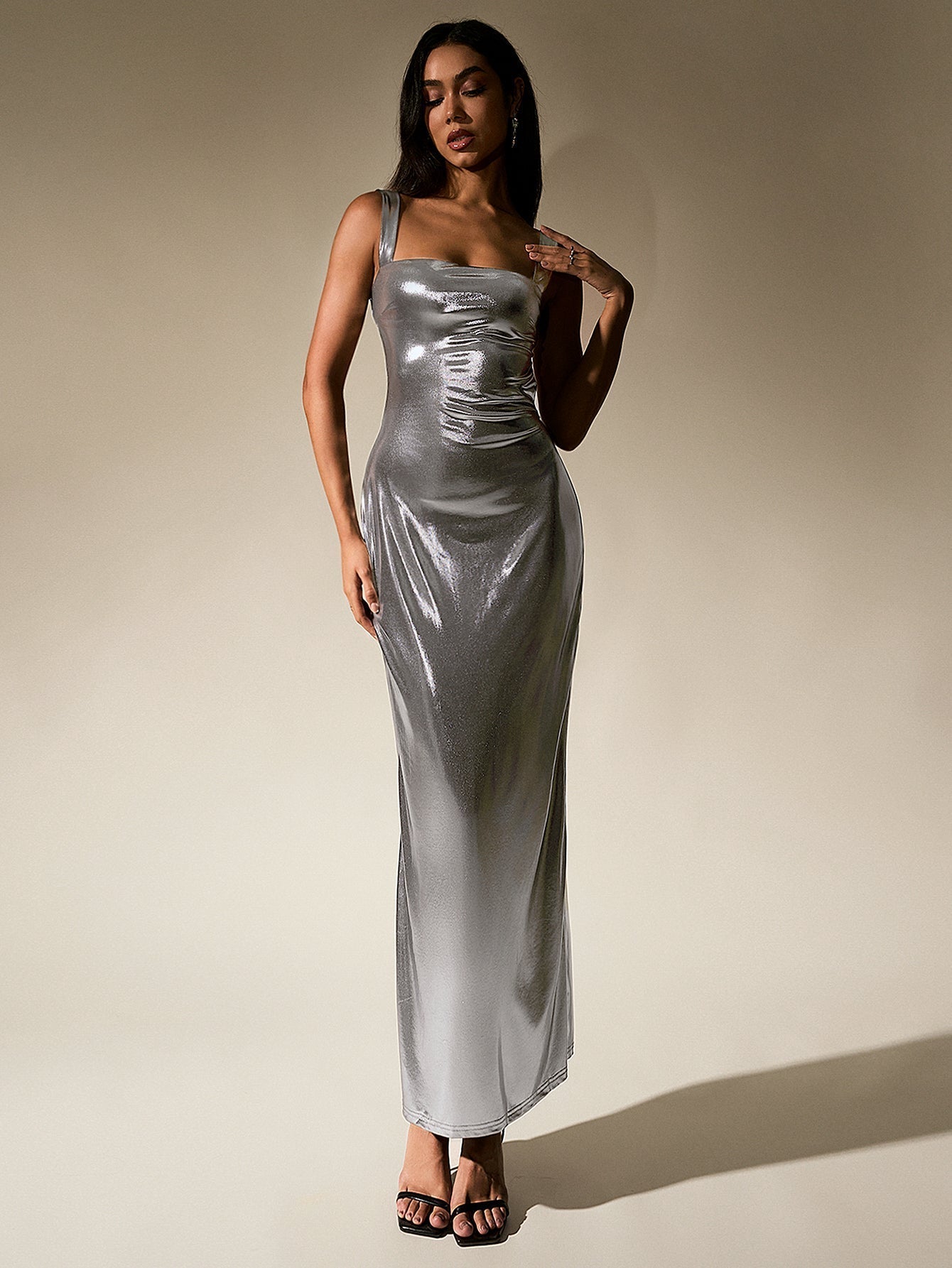 Cut Out Misty Gold Metallic Bodycon Maxi Dress - View 5