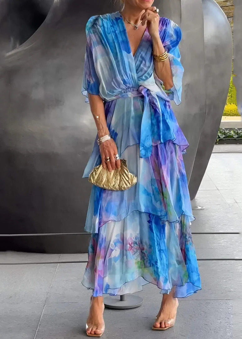 Wrap V-Neck Flutter Sleeve Tie Waist Tiered Ruffle Chiffon Maxi Dress