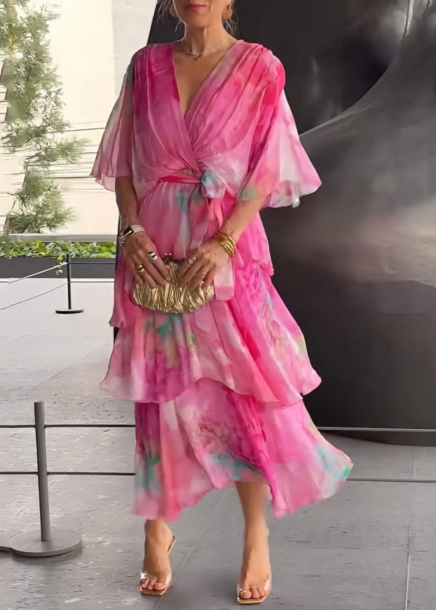 Wrap V-Neck Flutter Sleeve Tie Waist Tiered Ruffle Chiffon Maxi Dress
