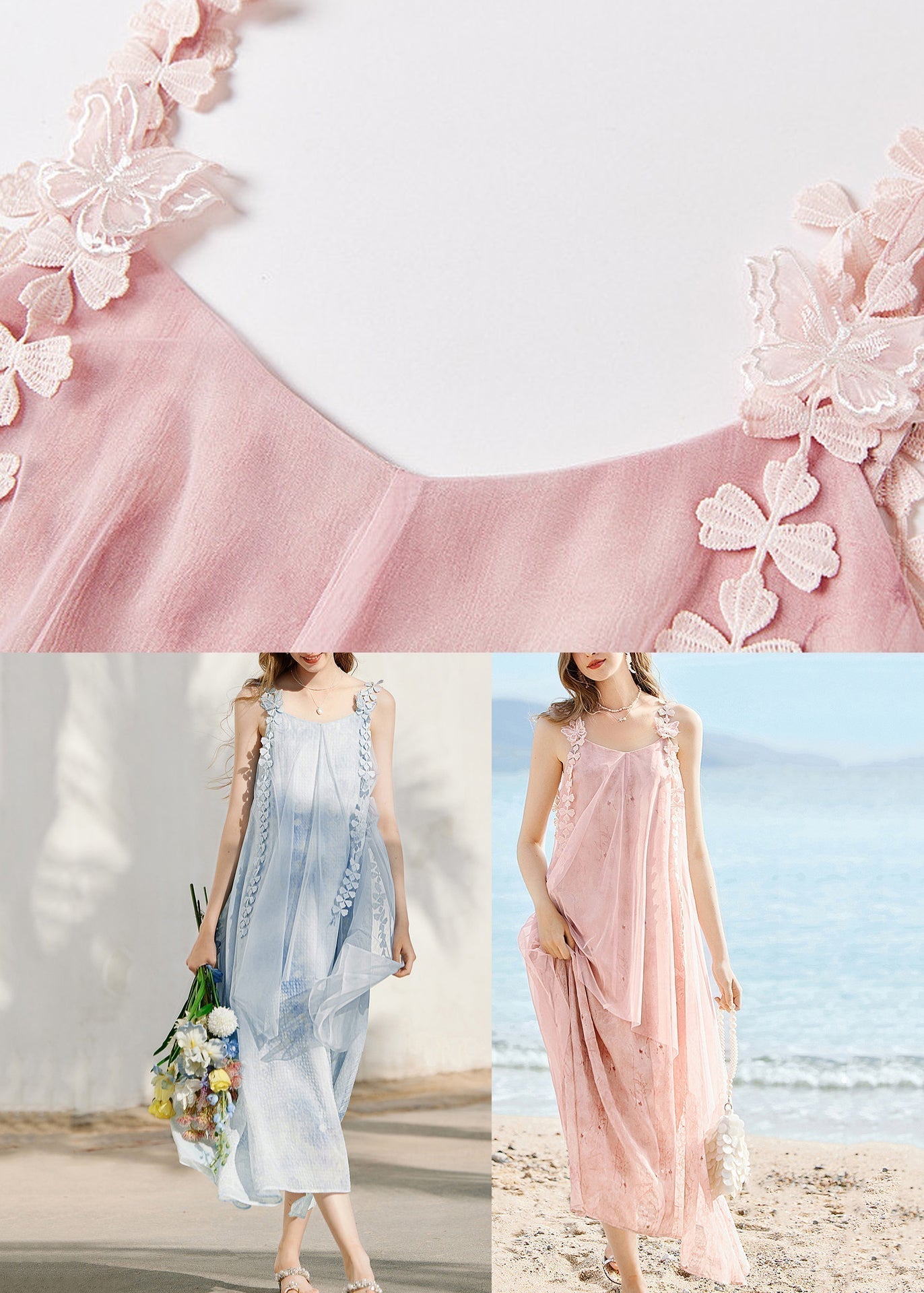 Square Neck Spaghetti Strap Floral Applique Flowy Maxi Dress