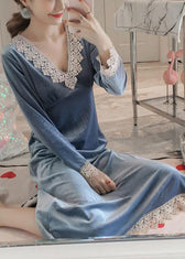 Cute Cemeo V Neck Lace Patchwork Silk Velour Dress Long Sleeve 2