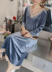 Cute Cemeo V Neck Lace Patchwork Silk Velour Dress Long Sleeve 4