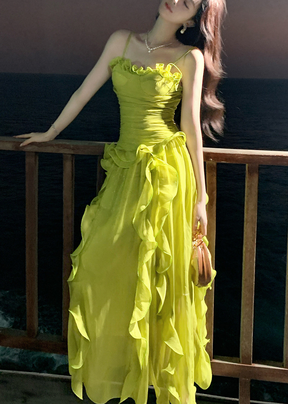 Cute Green Ruffled Patchwork Wrinkled Tulle Long Spaghetti Strap Dresses Sleeveless