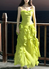 Cute Green Ruffled Patchwork Wrinkled Tulle Long Spaghetti Strap Dresses Sleeveless 2