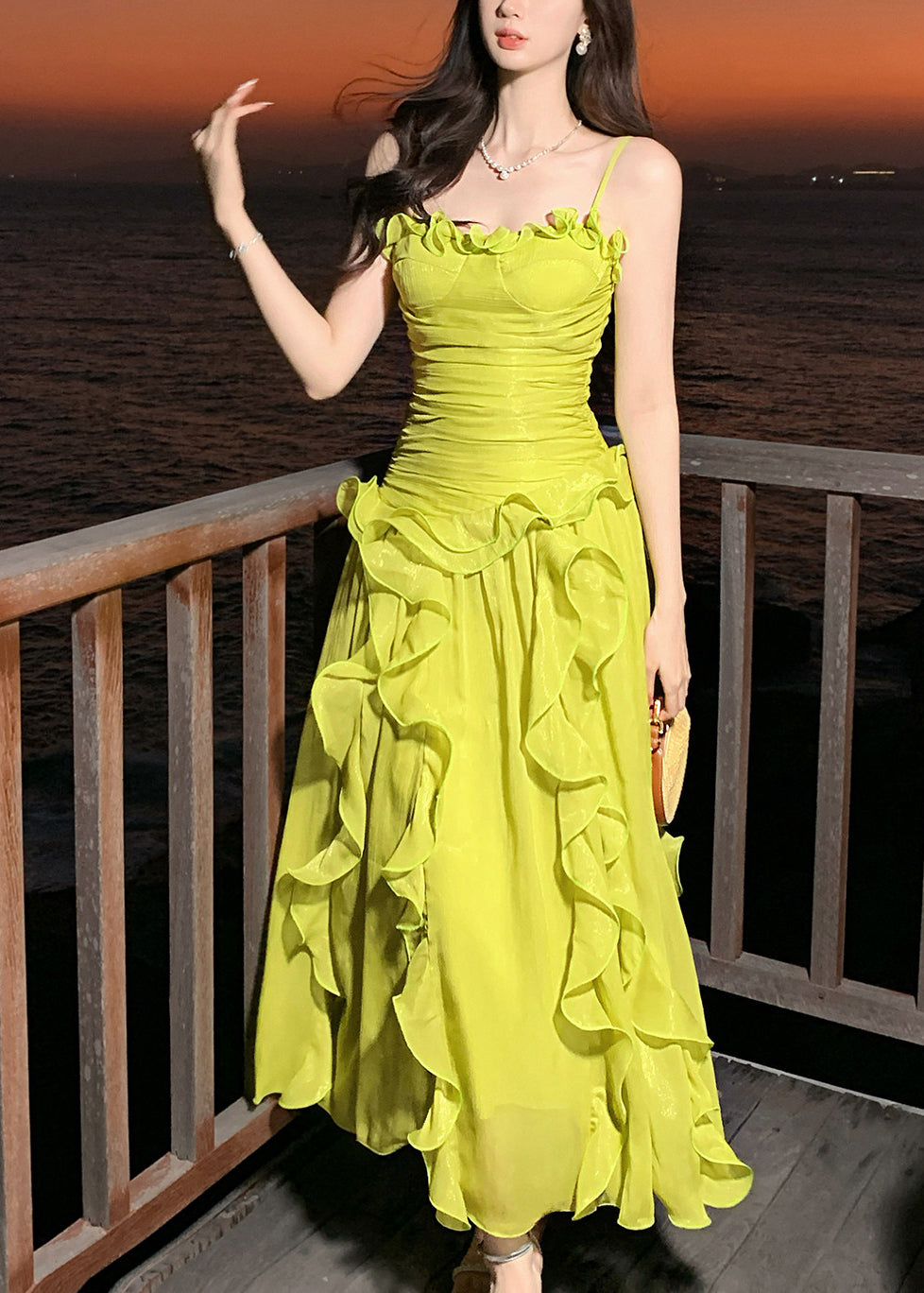 Cute Green Ruffled Patchwork Wrinkled Tulle Long Spaghetti Strap Dresses Sleeveless 3
