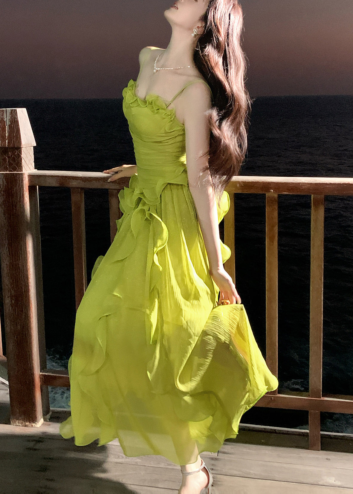 Cute Green Ruffled Patchwork Wrinkled Tulle Long Spaghetti Strap Dresses Sleeveless 4