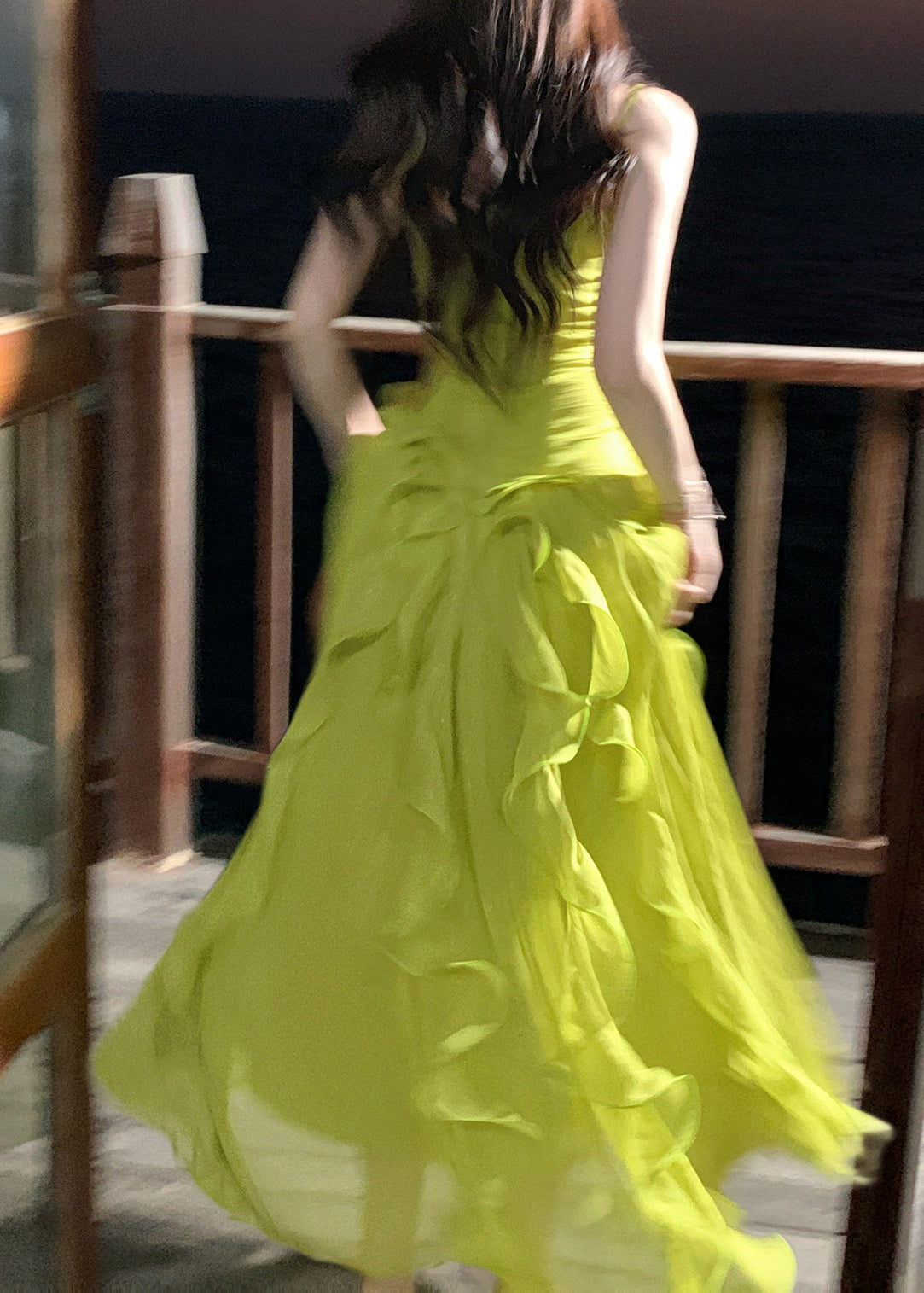 Cute Green Ruffled Patchwork Wrinkled Tulle Long Spaghetti Strap Dresses Sleeveless 5