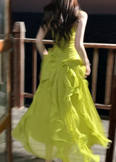 Cute Green Ruffled Patchwork Wrinkled Tulle Long Spaghetti Strap Dresses Sleeveless 5