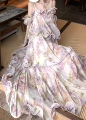 Cute Light Purple Ruffled Print Chiffon Maxi Cake Dress Summer 2