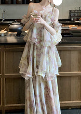 Cute Light Purple Ruffled Print Chiffon Maxi Cake Dress Summer 3
