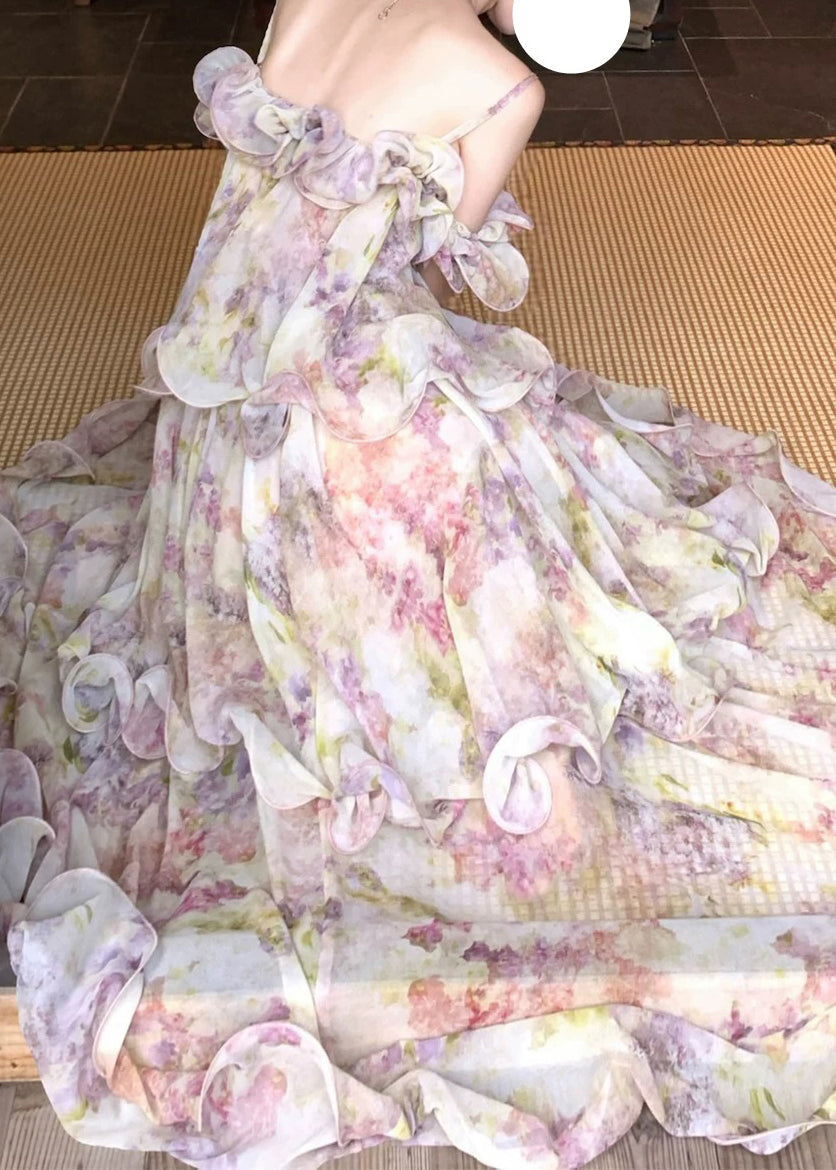 Cute Light Purple Ruffled Print Chiffon Maxi Cake Dress Summer 5