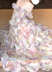 Cute Light Purple Ruffled Print Chiffon Maxi Cake Dress Summer 5