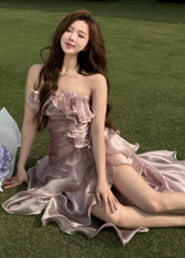 Cute Pink Asymmetrical Ruffled Patchwork Satin Long Dresses Sleeveless