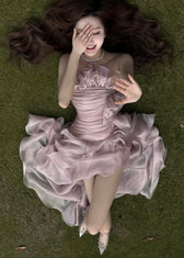 Cute Pink Asymmetrical Ruffled Patchwork Satin Long Dresses Sleeveless 2