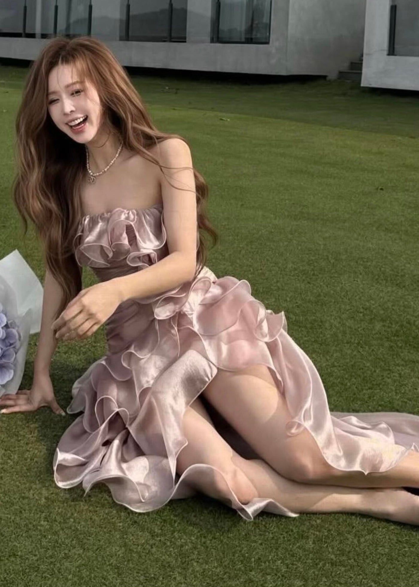 Cute Pink Asymmetrical Ruffled Patchwork Satin Long Dresses Sleeveless 3