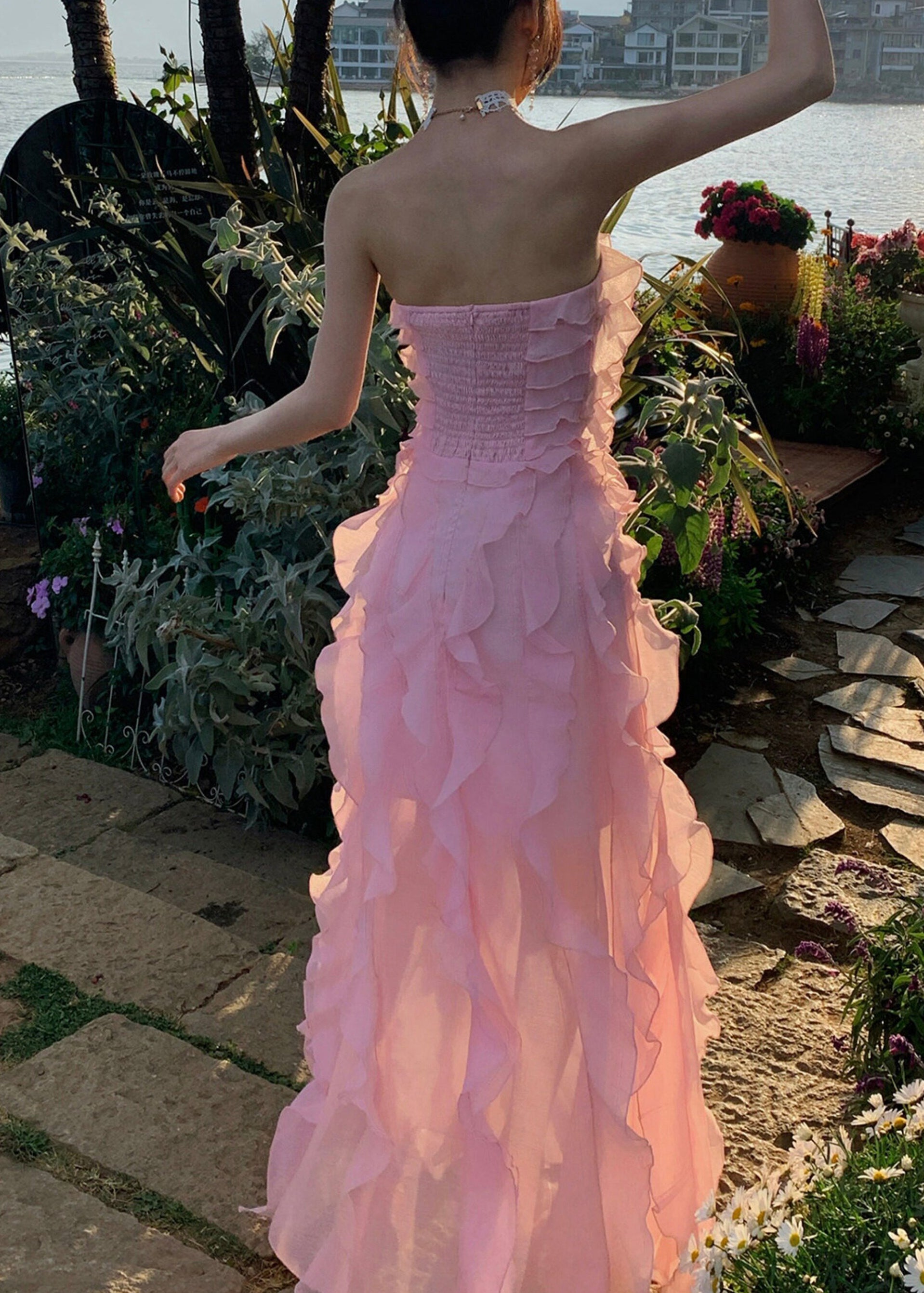 Cute Pink Cold Shoulder Ruffled Long Dress Sleeveless