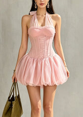 Cute Pink Halter Tulle Patchwork Mid Dress Summer