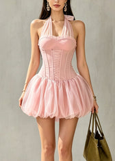 Cute Pink Halter Tulle Patchwork Mid Dress Summer 3