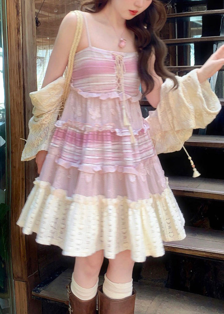 Striped Knit Lace Up Cami Tiered Ruffle Eyelet Hem Mini Dress