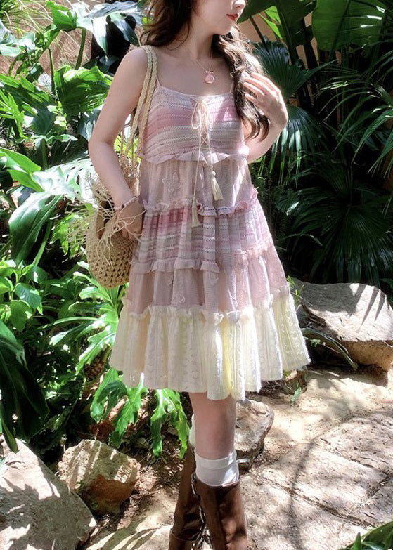 Cute Pink Lace Up Ruffled Knit Mid Dress Sleeveless 3