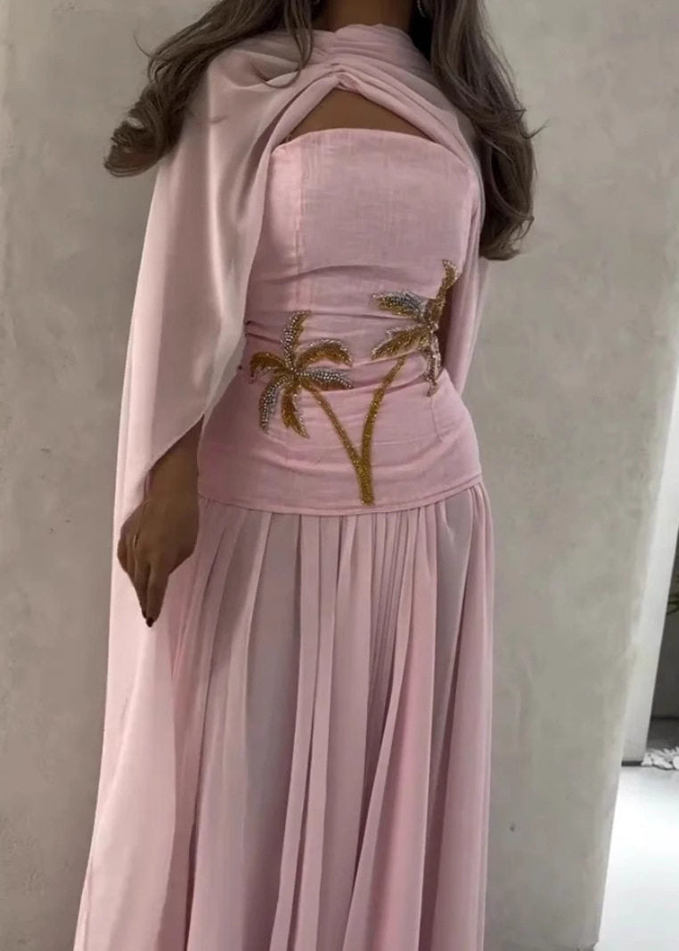Cape Scarf Neck Palm Tree Embroidery Pleated Chiffon Maxi Gown