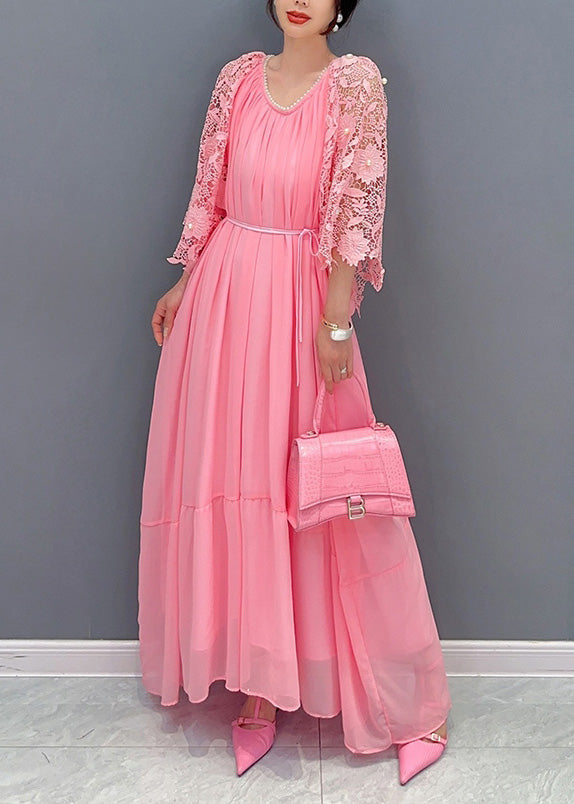 Chiffon Pleated Tiered Maxi Gown and Pearl Lace Bell Sleeve Shrug Two Piece Set