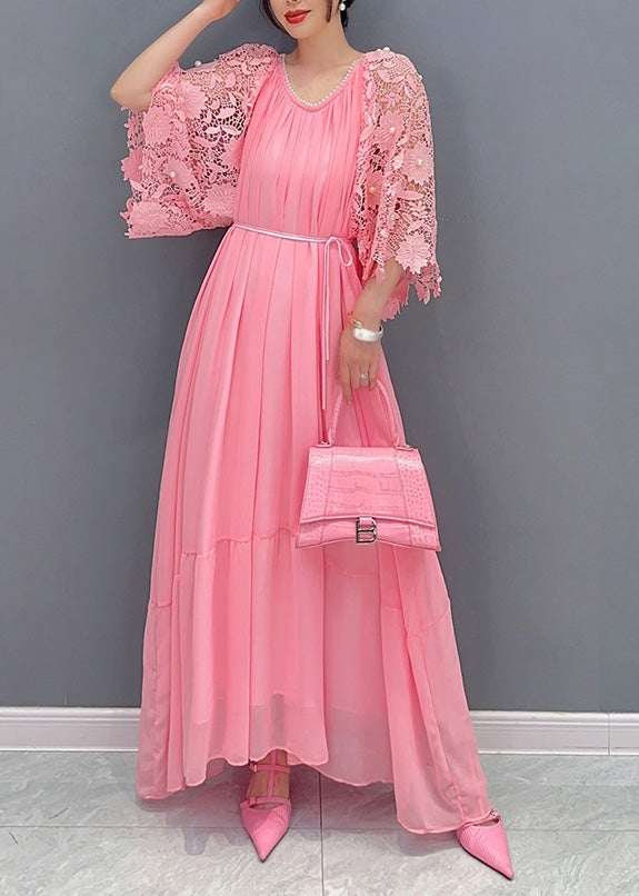 Chiffon Pleated Tiered Maxi Gown and Pearl Lace Bell Sleeve Shrug Two Piece Set