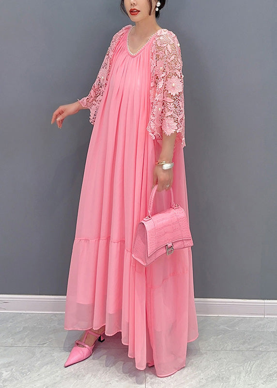 Chiffon Pleated Tiered Maxi Gown and Pearl Lace Bell Sleeve Shrug Two Piece Set
