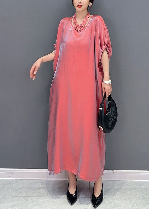 Metallic Iridescent Round Neck Gathered Cuff Short Sleeve Oversized Kaftan Midi Dress