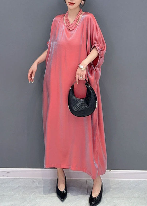 Metallic Iridescent Round Neck Gathered Cuff Short Sleeve Oversized Kaftan Midi Dress