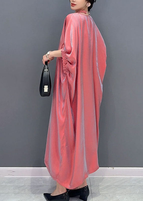 Metallic Iridescent Round Neck Gathered Cuff Short Sleeve Oversized Kaftan Midi Dress