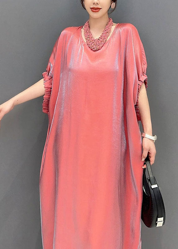 Metallic Iridescent Round Neck Gathered Cuff Short Sleeve Oversized Kaftan Midi Dress