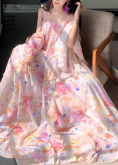 Cute Pink Print Ruffled Patchwork Chiffon Long Dress Short Sleeve
