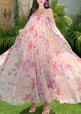 Cute Pink Print Ruffled Patchwork Chiffon Long Dress Short Sleeve 2