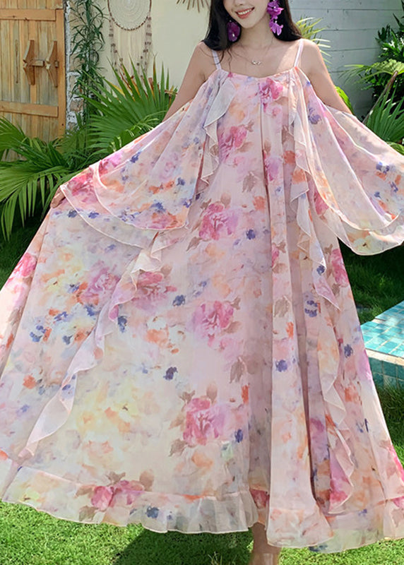 Cute Pink Print Ruffled Patchwork Chiffon Long Dress Short Sleeve 3